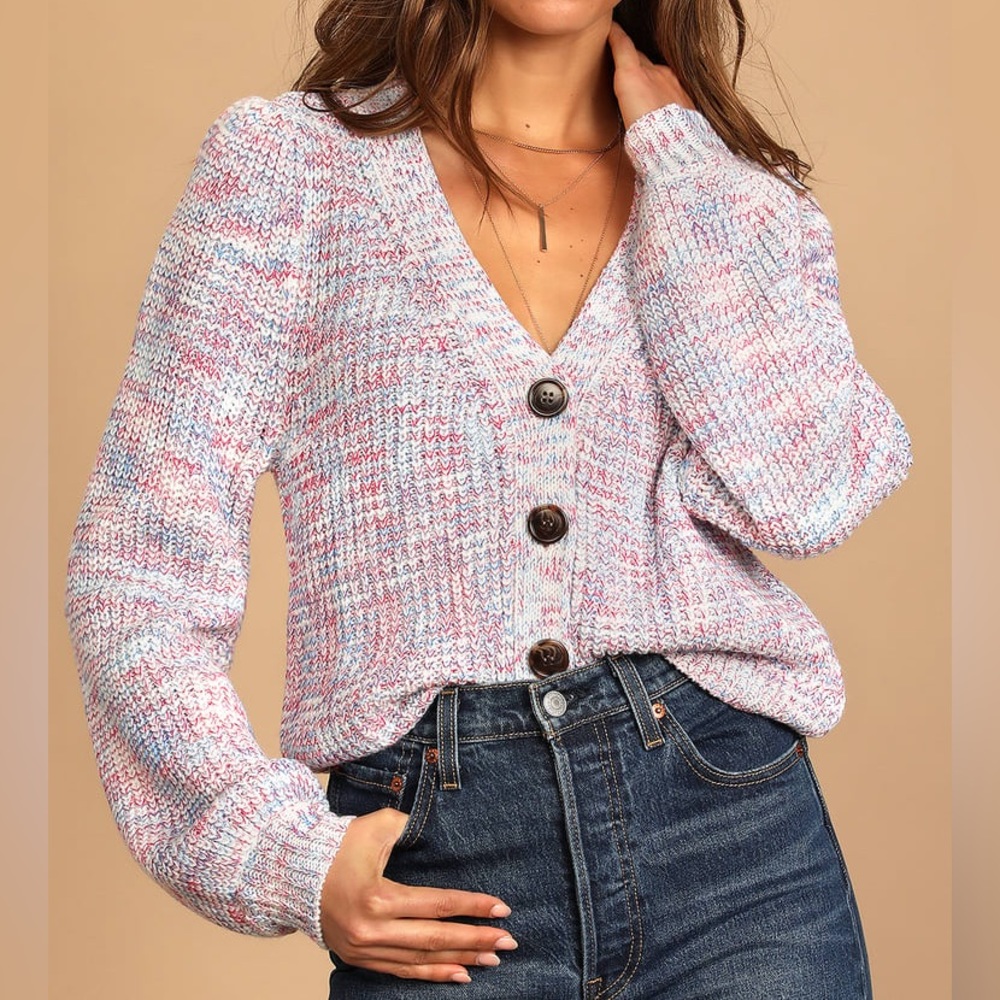 LULU’S White Multi Bright & Cozy Chunky Knit Button Up Cardigan Sweater